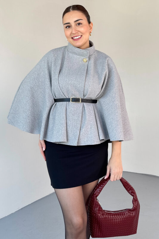 CKT-2712 Gri Gold Düğmeli Kemer Detaylı Kaşe Panço - 1