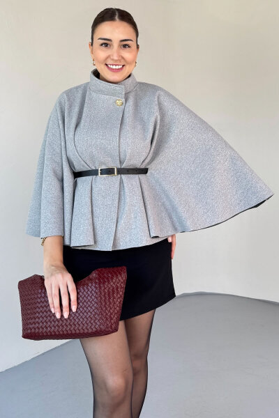 CKT-2712 Gri Gold Düğmeli Kemer Detaylı Kaşe Panço - 2