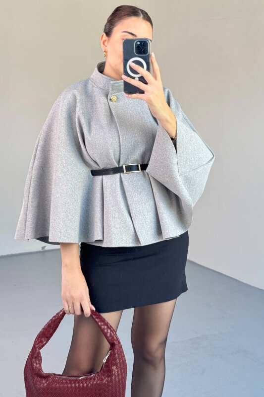 CKT-2712 Gri Gold Düğmeli Kemer Detaylı Kaşe Panço - 4