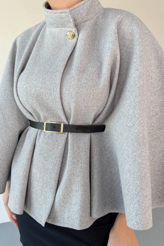 CKT-2712 Gri Gold Düğmeli Kemer Detaylı Kaşe Panço - 5