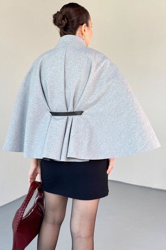 CKT-2712 Gri Gold Düğmeli Kemer Detaylı Kaşe Panço - 6