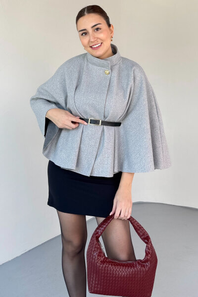 CKT-2712 Gri Gold Düğmeli Kemer Detaylı Kaşe Panço - 7