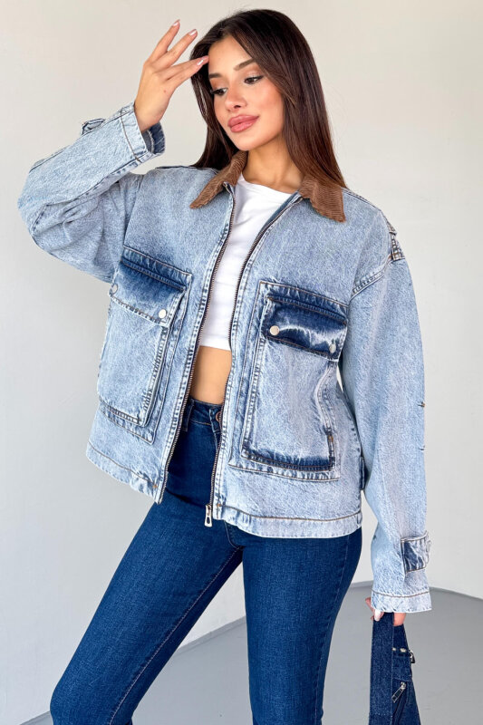 CKT-2826 Açık Mavi Taşlanmış Denim Kadife Yaka Oversize Ceket - 1