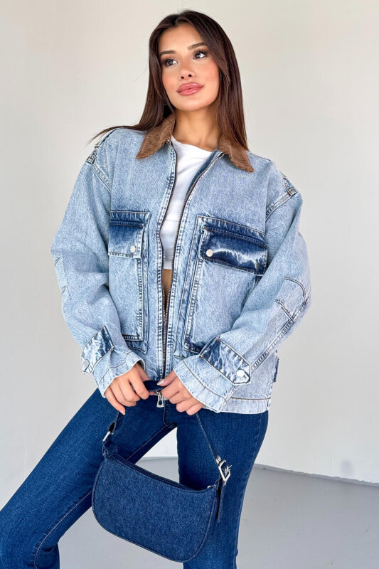 CKT-2826 Açık Mavi Taşlanmış Denim Kadife Yaka Oversize Ceket - 3