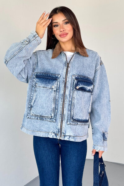 CKT-2826 Açık Mavi Taşlanmış Denim Kadife Yaka Oversize Ceket - 5