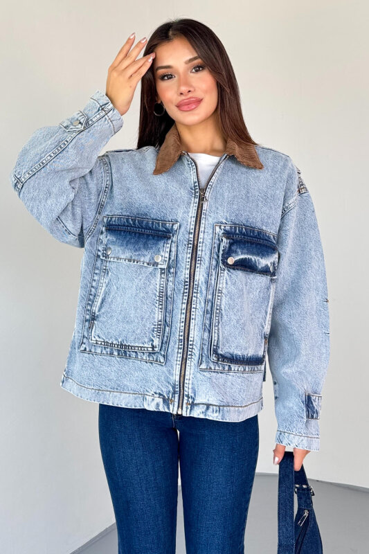 CKT-2826 Açık Mavi Taşlanmış Denim Kadife Yaka Oversize Ceket - 5