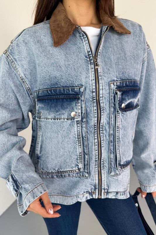 CKT-2826 Açık Mavi Taşlanmış Denim Kadife Yaka Oversize Ceket - 6