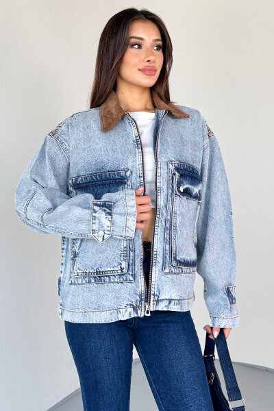 CKT-2826 Açık Mavi Taşlanmış Denim Kadife Yaka Oversize Ceket - 7