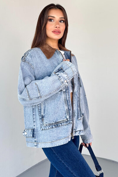 CKT-2826 Açık Mavi Taşlanmış Denim Kadife Yaka Oversize Ceket (1)