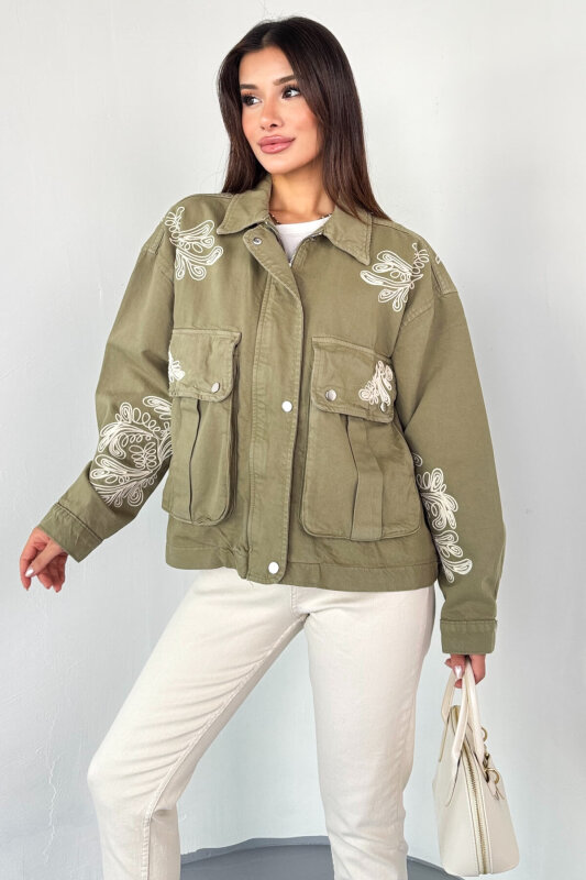 CKT-2831 Haki Cep Kapaklı Kontrast Nakışlı Denim Ceket - 3