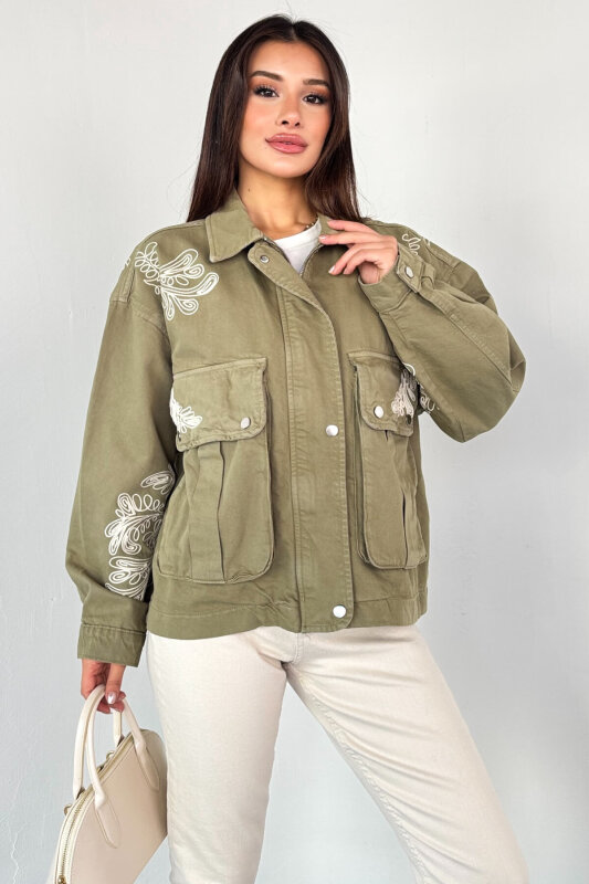 CKT-2831 Haki Cep Kapaklı Kontrast Nakışlı Denim Ceket - 1