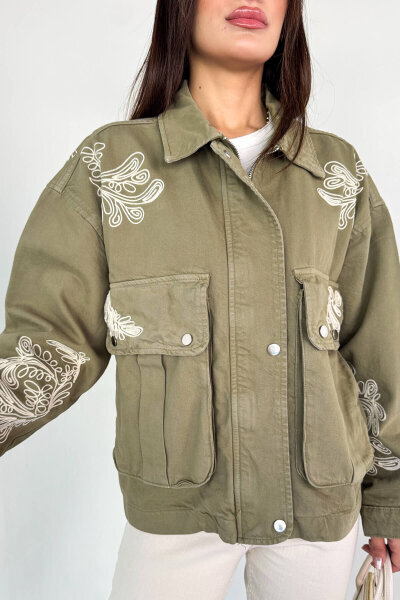 CKT-2831 Haki Cep Kapaklı Kontrast Nakışlı Denim Ceket - 6