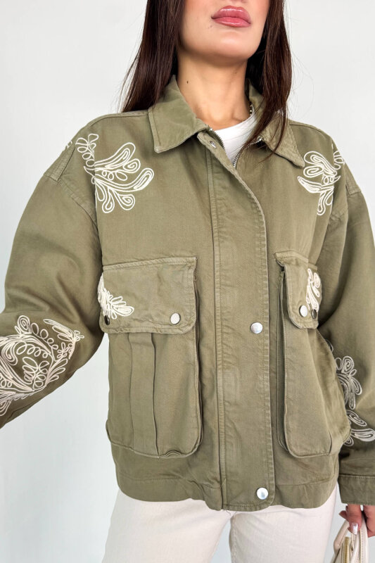CKT-2831 Haki Cep Kapaklı Kontrast Nakışlı Denim Ceket - 6