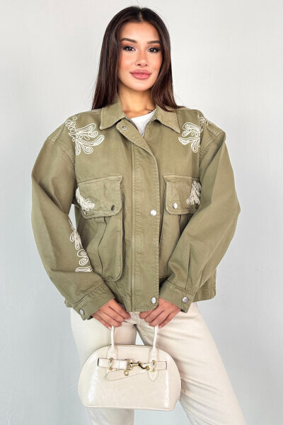 CKT-2831 Haki Cep Kapaklı Kontrast Nakışlı Denim Ceket - 7