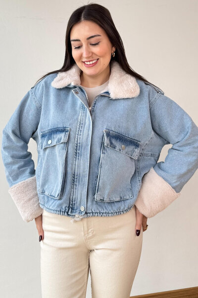 CKT-3014 Mavi Kürk Astarlı Fermuarlı Oversize Denim Ceket - 3