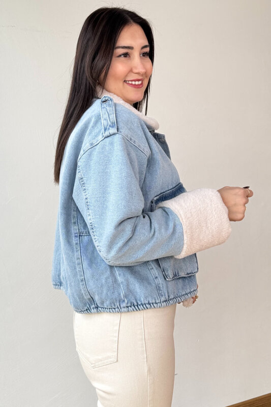 CKT-3014 Mavi Kürk Astarlı Fermuarlı Oversize Denim Ceket - 4