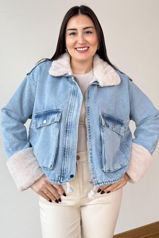 CKT-3014 Mavi Kürk Astarlı Fermuarlı Oversize Denim Ceket - 5