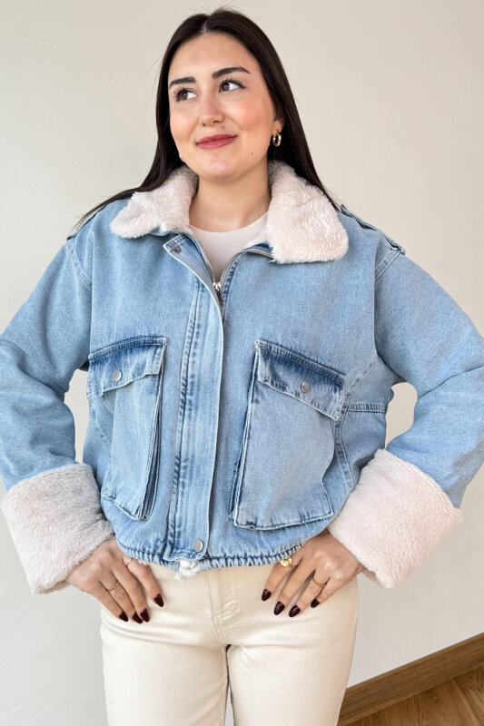 CKT-3014 Mavi Kürk Astarlı Fermuarlı Oversize Denim Ceket - 6