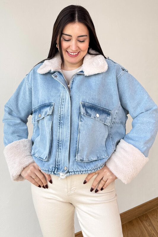 CKT-3014 Mavi Kürk Astarlı Fermuarlı Oversize Denim Ceket - 1