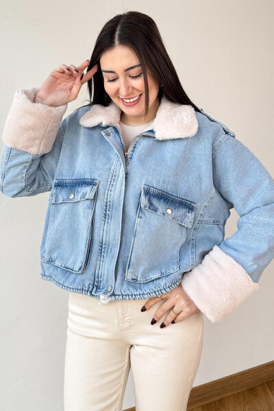 CKT-3014 Mavi Kürk Astarlı Fermuarlı Oversize Denim Ceket - 7