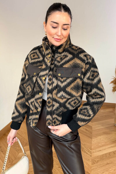 CKT-36908 Vizon Etnik Desenli Garnili Bomber Mont