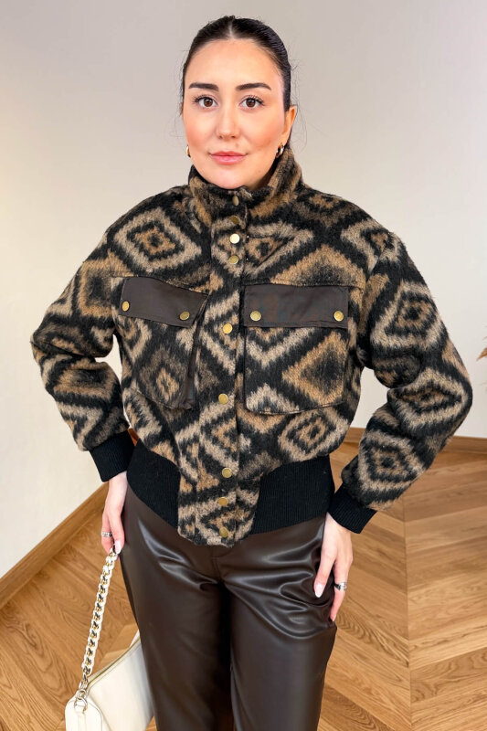 CKT-36908 Vizon Etnik Desenli Garnili Bomber Mont - 5