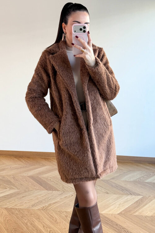 CKT-4061 Sütlü Kahve Yün Dokulu Blazer Yaka Ceket  - 6