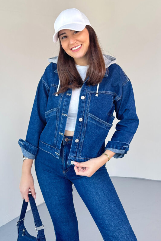 CKT-5039 Lacivert Çıkarılabilir Kapüşonlu Büyük Cepli Denim Ceket - 1