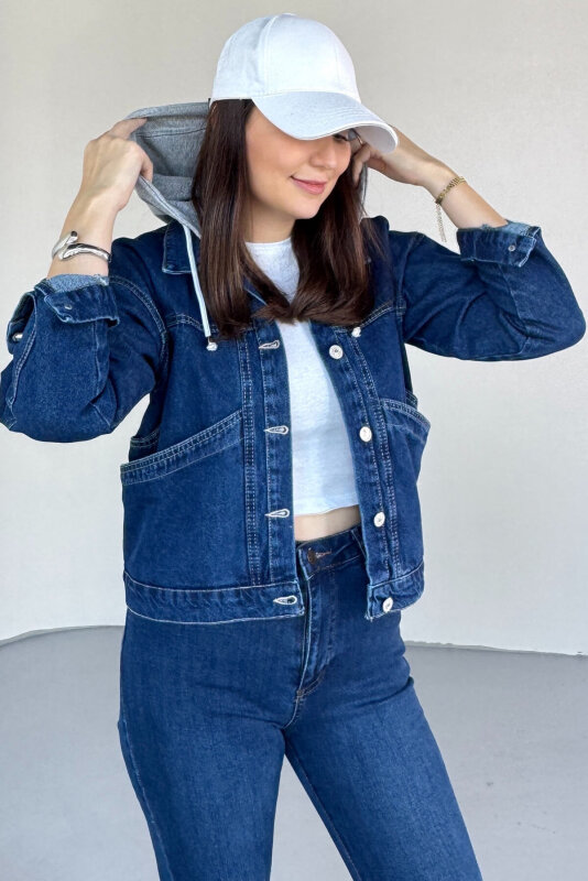 CKT-5039 Lacivert Çıkarılabilir Kapüşonlu Büyük Cepli Denim Ceket - 2