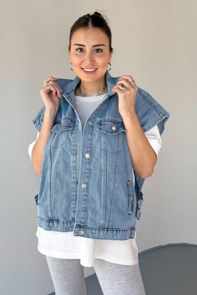 CKT-6025 Açık Mavi Düşük Omuzlu Oversize Denim Yelek - 1
