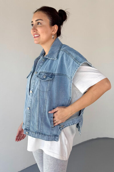 CKT-6025 Açık Mavi Düşük Omuzlu Oversize Denim Yelek - 3