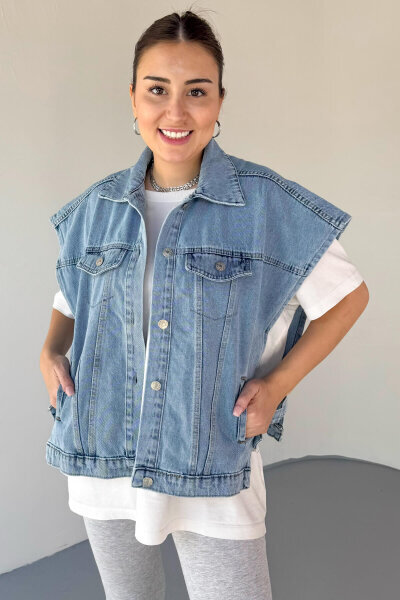 CKT-6025 Açık Mavi Düşük Omuzlu Oversize Denim Yelek - 2