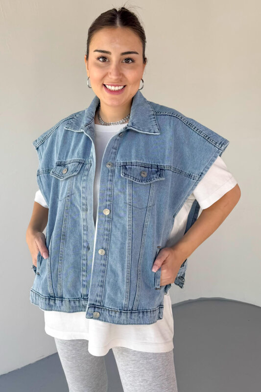 CKT-6025 Açık Mavi Düşük Omuzlu Oversize Denim Yelek - 2