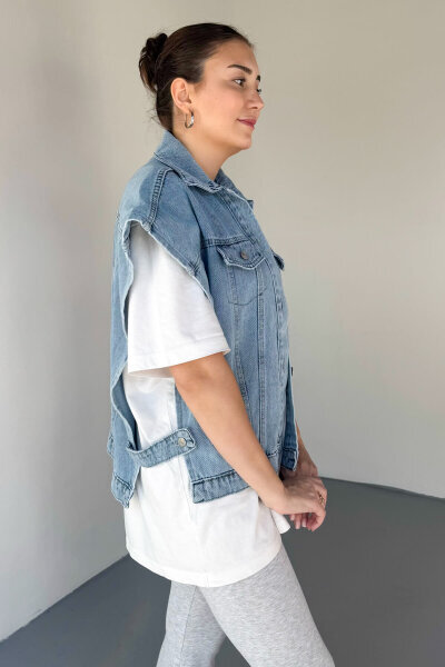 CKT-6025 Açık Mavi Düşük Omuzlu Oversize Denim Yelek - 4