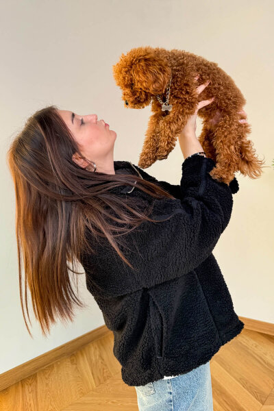 CKT-7020 Siyah Fermuarlı Astarlı Oversize Kürklü Mont (1)