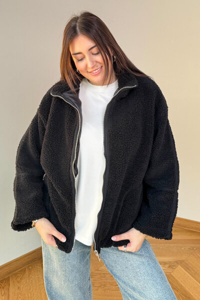 CKT-7020 Siyah Fermuarlı Astarlı Oversize Kürklü Mont