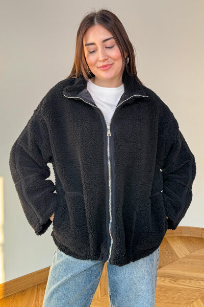 CKT-7020 Siyah Fermuarlı Astarlı Oversize Kürklü Mont - 5