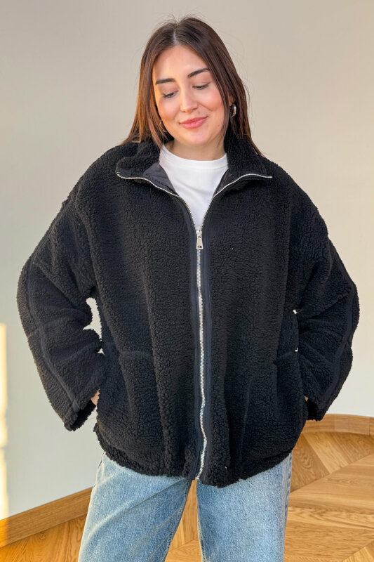 CKT-7020 Siyah Fermuarlı Astarlı Oversize Kürklü Mont - 5