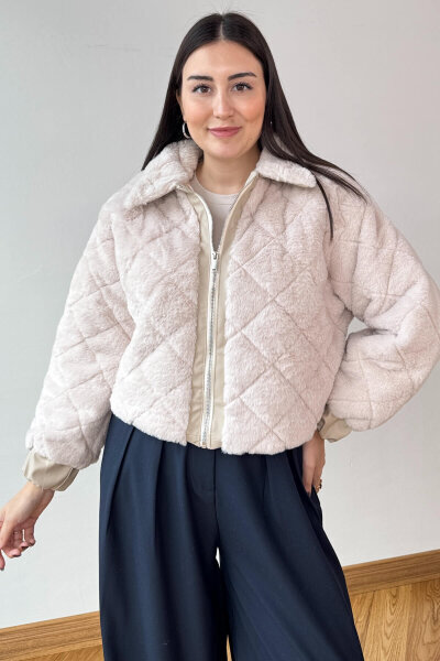 CKT-7022 Bej Baklava Desen Suni Deri Detaylı Astarlı Fermuarlı Kürk Ceket - 2