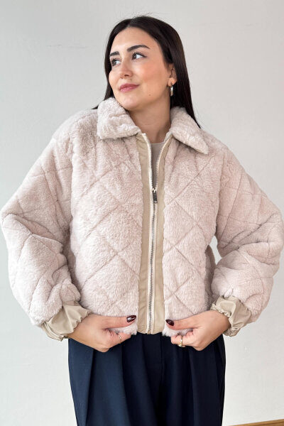 CKT-7022 Bej Baklava Desen Suni Deri Detaylı Astarlı Fermuarlı Kürk Ceket - 3