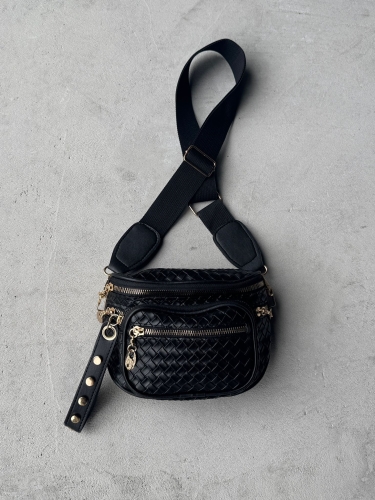 ÇNT-3001 Siyah Dokulu Suni Deri Gold Aksesuarlı Bel Ve Omuz Çantası