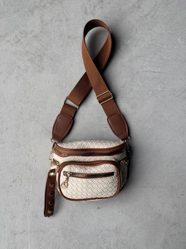 ÇNT-3001 Taba Taş Rengi Dokulu Suni Deri Gold Aksesuarlı Bel Ve Omuz Çantası