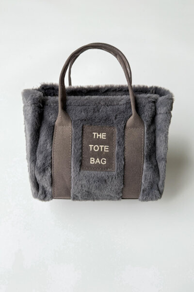 ÇNT-3002 Füme Kürklü Kumaş Yazı Detaylı El Ve Omuz Çantası - 4