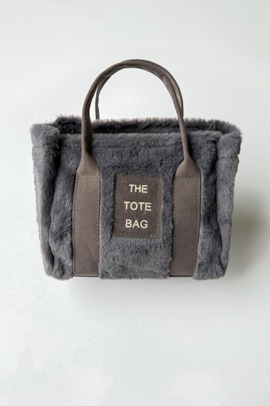 ÇNT-3002 Füme Kürklü Kumaş Yazı Detaylı El Ve Omuz Çantası - 4