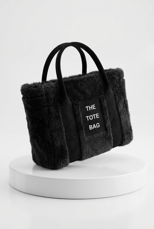 ÇNT-3002 Siyah Kürklü Kumaş Yazı Detaylı El Ve Omuz Çantası - 2