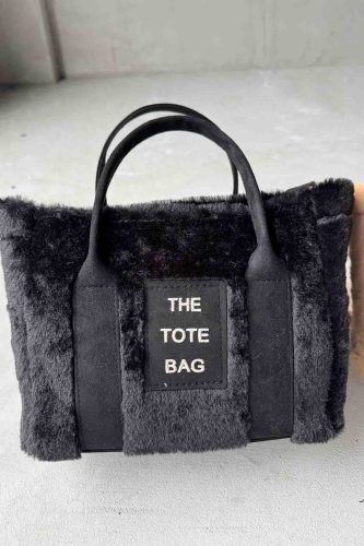 ÇNT-3002 Siyah Peluş Kumaş Yazı Detaylı El Ve Omuz Çantası - Cappmoda