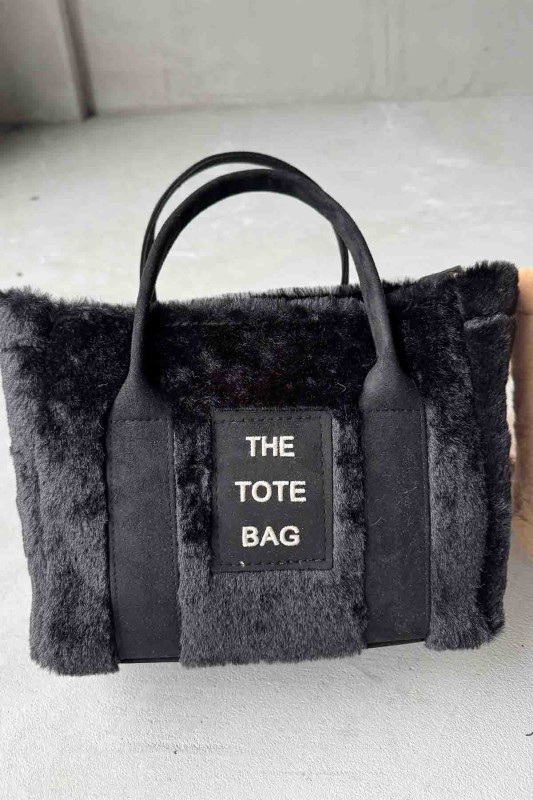 ÇNT-3002 Siyah Kürklü Kumaş Yazı Detaylı El Ve Omuz Çantası - 1