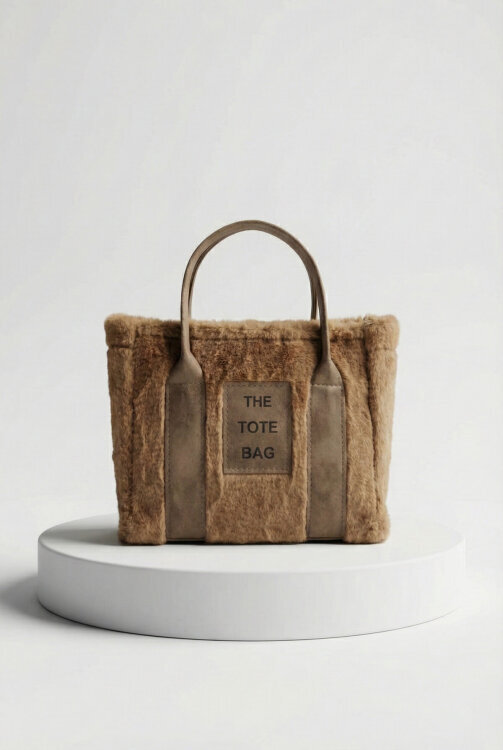 ÇNT-3002 Vizon  Kürklü Kumaş Yazı Detaylı El Ve Omuz Çantası 