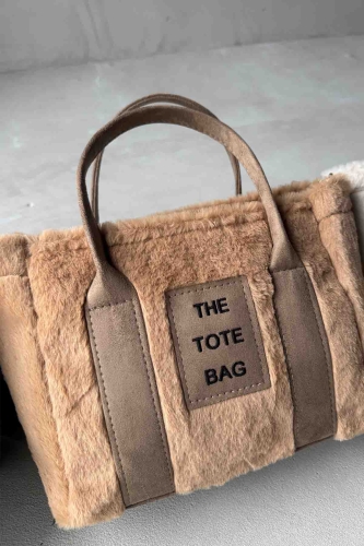 ÇNT-3002 Vizon Peluş Kumaş Yazı Detaylı El Ve Omuz Çantası - Cappmoda