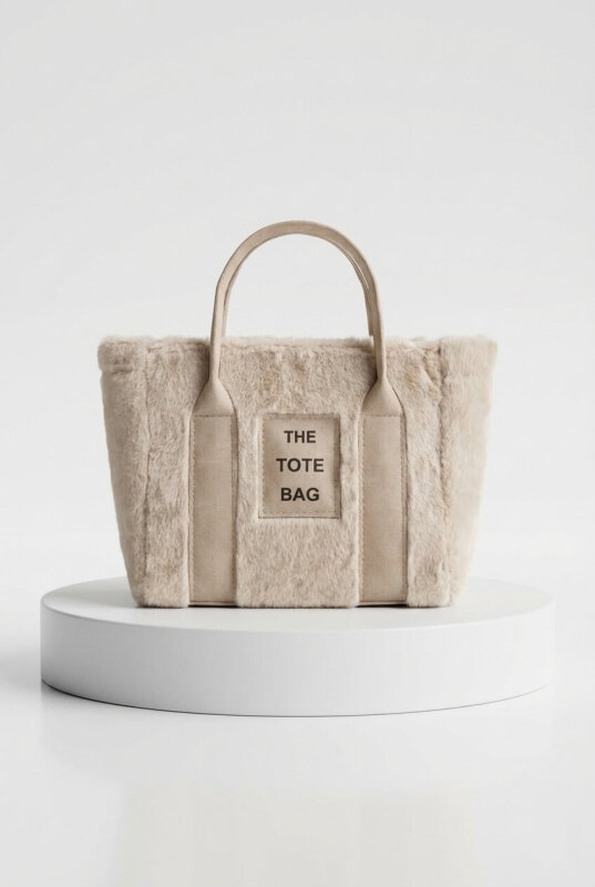 ÇNT-3002 Taş Rengi Kürklü Kumaş Yazı Detaylı El Ve Omuz Çantası - 1